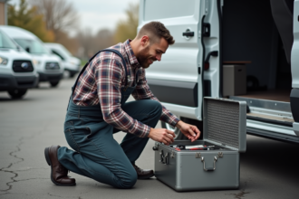 Homme en overalls organise ses outils dans une voiture utilitaire