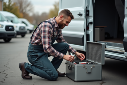 Homme en overalls organise ses outils dans une voiture utilitaire