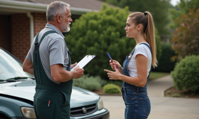 Homme en overalls parlant avec une jeune femme près d'une voiture abîmée