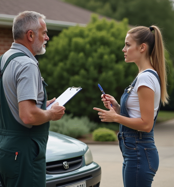 Homme en overalls parlant avec une jeune femme près d'une voiture abîmée