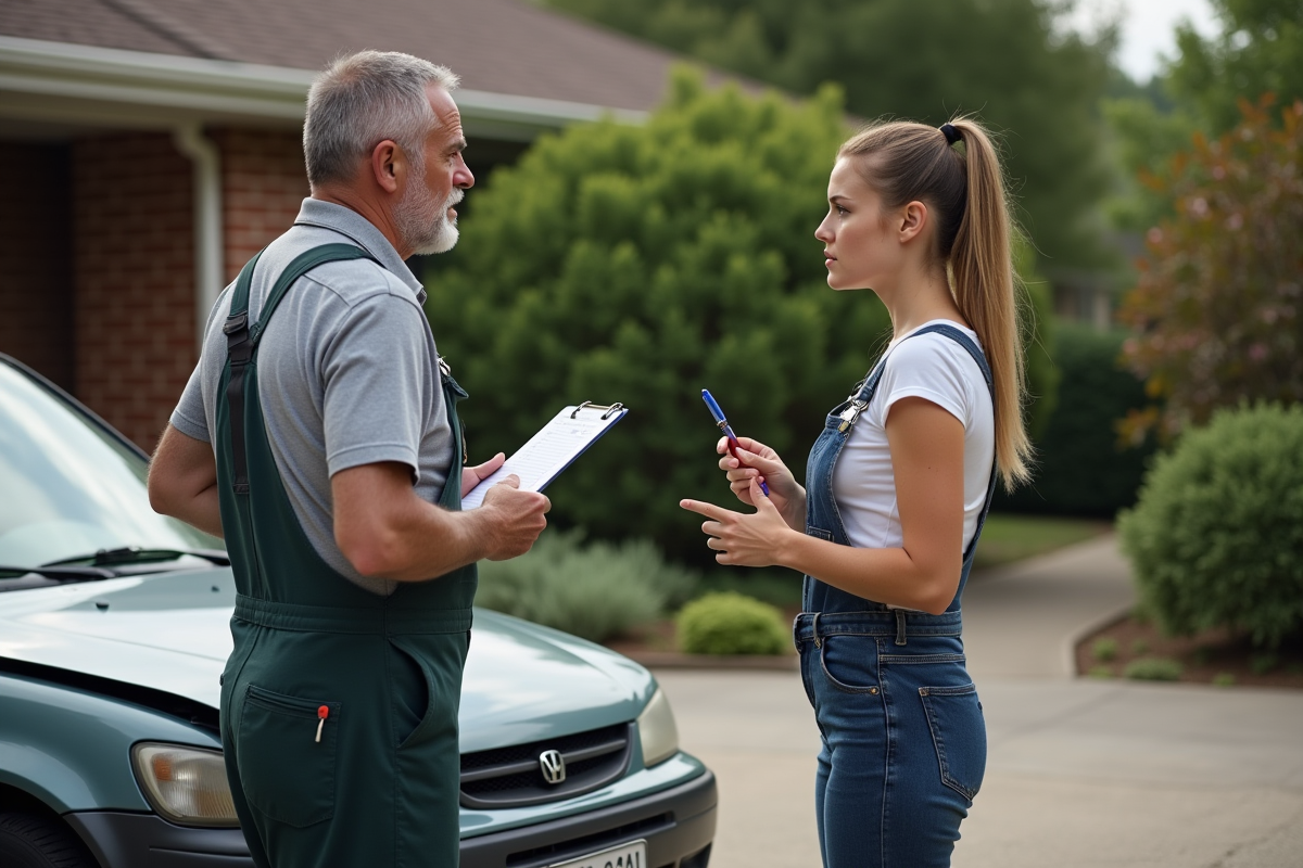 Homme en overalls parlant avec une jeune femme près d'une voiture abîmée