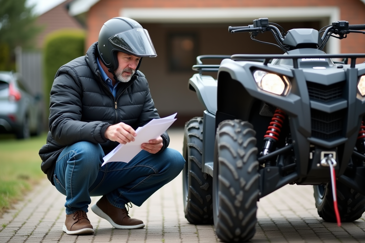 Homme d'âge moyen examinant un quad dans une allée résidentielle