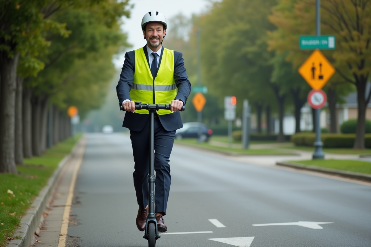 Homme en kick scooter sur chemin suburbain