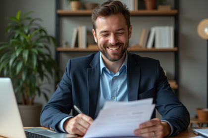 Homme souriant dans son bureau en train de revoir ses documents d'assurance