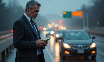 Homme d'affaires anxieux à côté de sa voiture sur l'autoroute