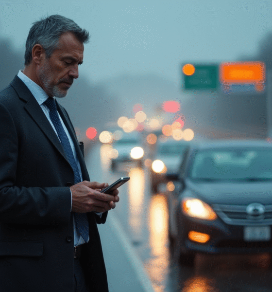 Homme d'affaires anxieux à côté de sa voiture sur l'autoroute