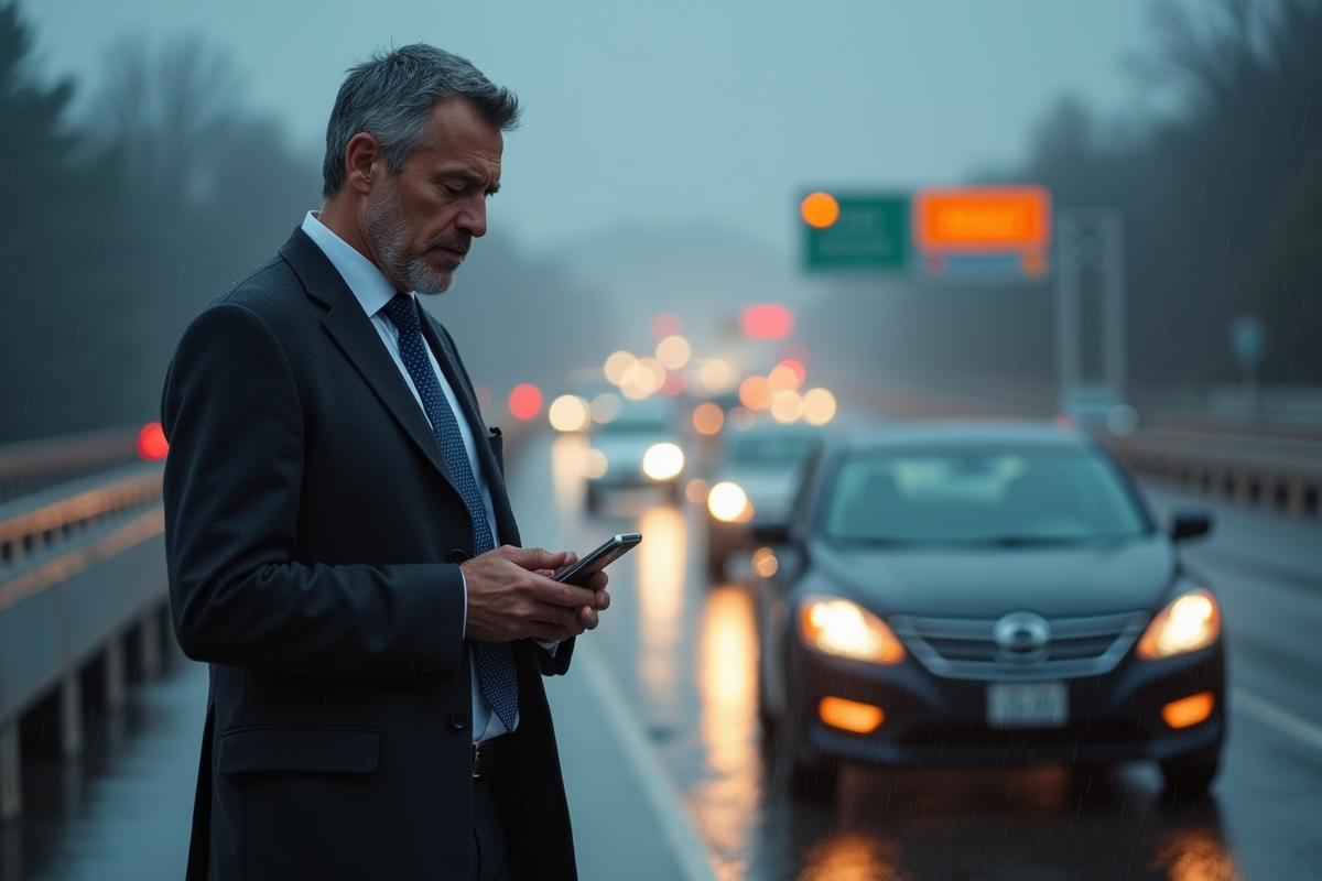 Homme d'affaires anxieux à côté de sa voiture sur l'autoroute