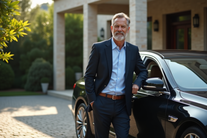 Homme élégant en costume près d'une voiture de luxe