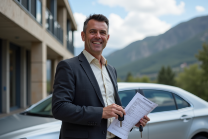 Homme souriant avec documents de voiture devant sa voiture