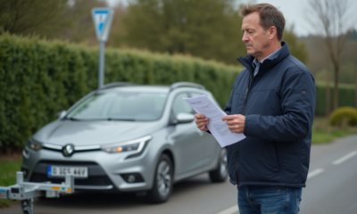 Homme d'âge moyen avec voiture et remorque en campagne