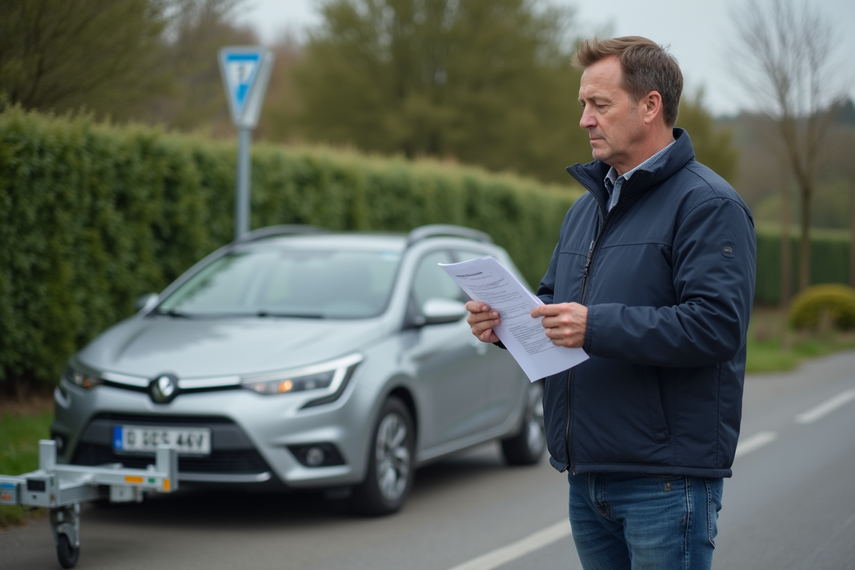 Homme d'âge moyen avec voiture et remorque en campagne