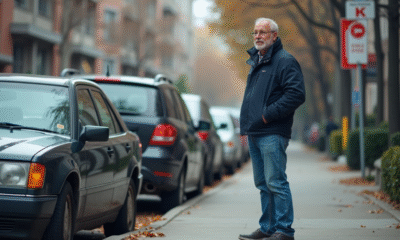 Homme d'âge moyen examine un panneau dans la ville