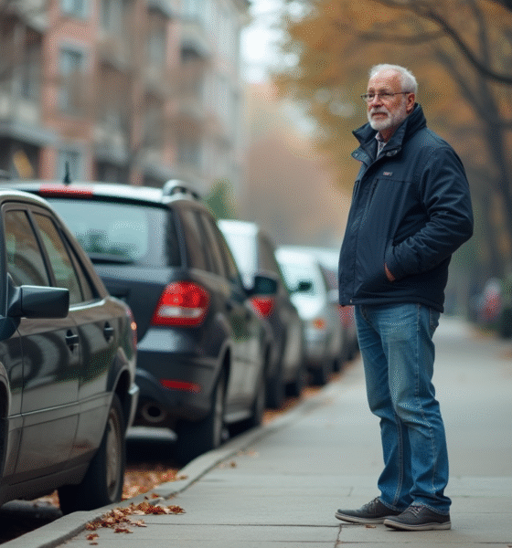 Homme d'âge moyen examine un panneau dans la ville