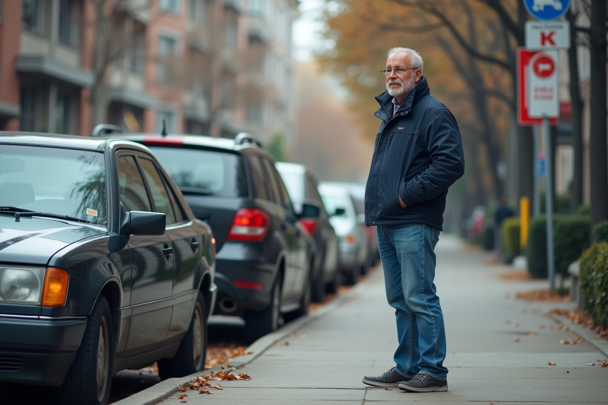 Homme d'âge moyen examine un panneau dans la ville