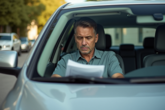 Homme d'âge moyen dans une voiture silver examine des documents d'assurance
