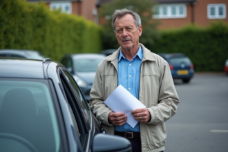 Homme d'âge moyen avec document devant sa voiture