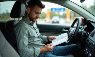 Jeune homme dans une voiture examinant ses documents de voyage