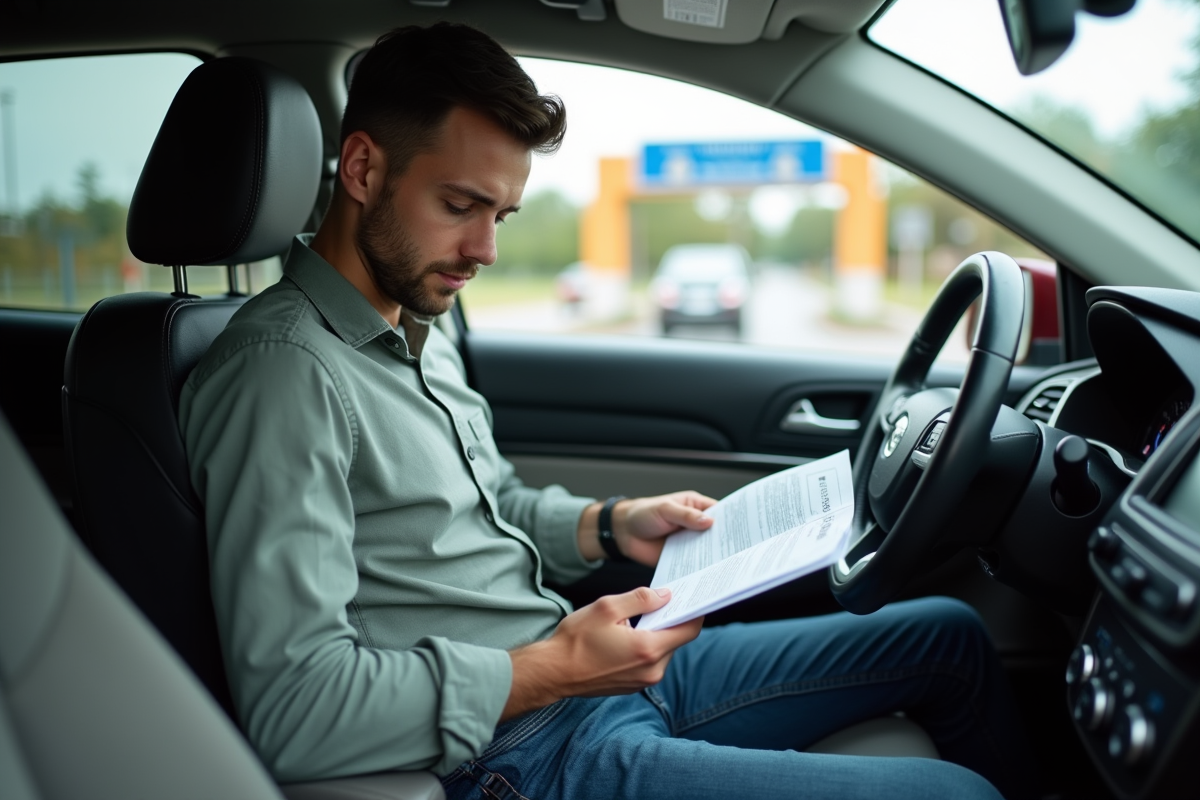 Jeune homme dans une voiture examinant ses documents de voyage