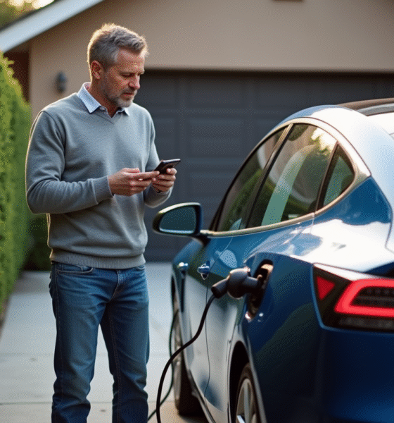 Homme d'âge moyen avec voiture électrique en charge