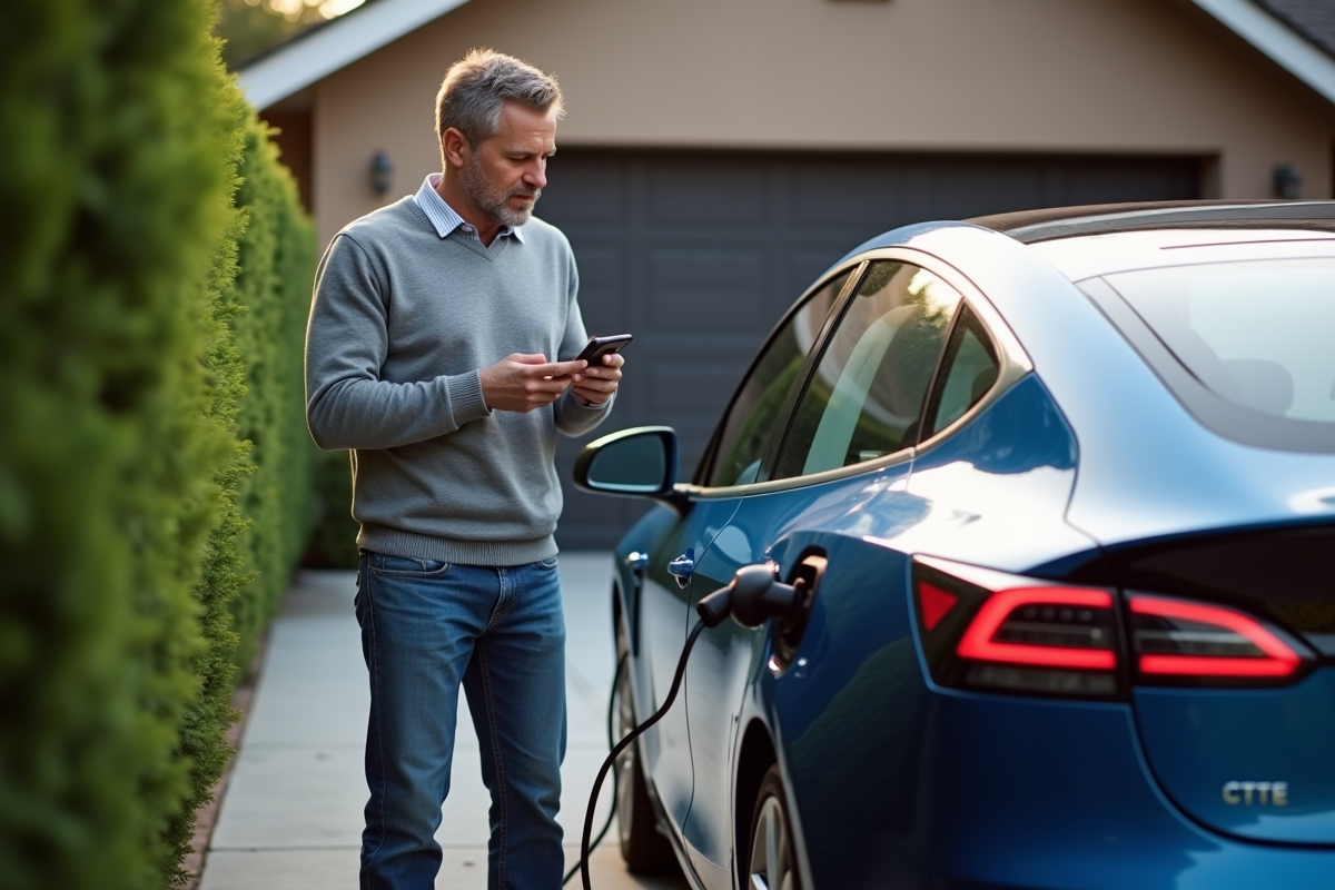 Homme d'âge moyen avec voiture électrique en charge
