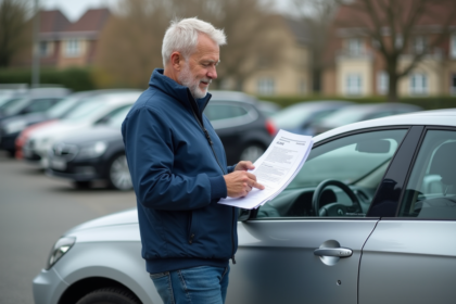 Homme d'âge moyen examine ses papiers de voiture devant sa voiture