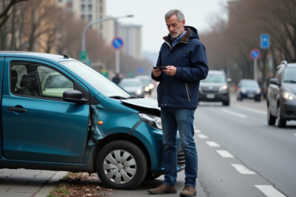 Homme inquiet avec sa voiture en ville et son smartphone