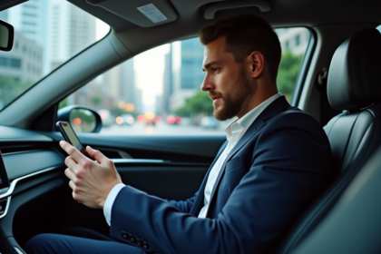 Homme en costume dans une voiture VTC regardant son smartphone