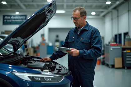 Ingénieur automobile homme en tenue navy examine moteur hybride
