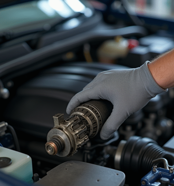 Mécanicien inspectant un moteur avec une valve EGR sale