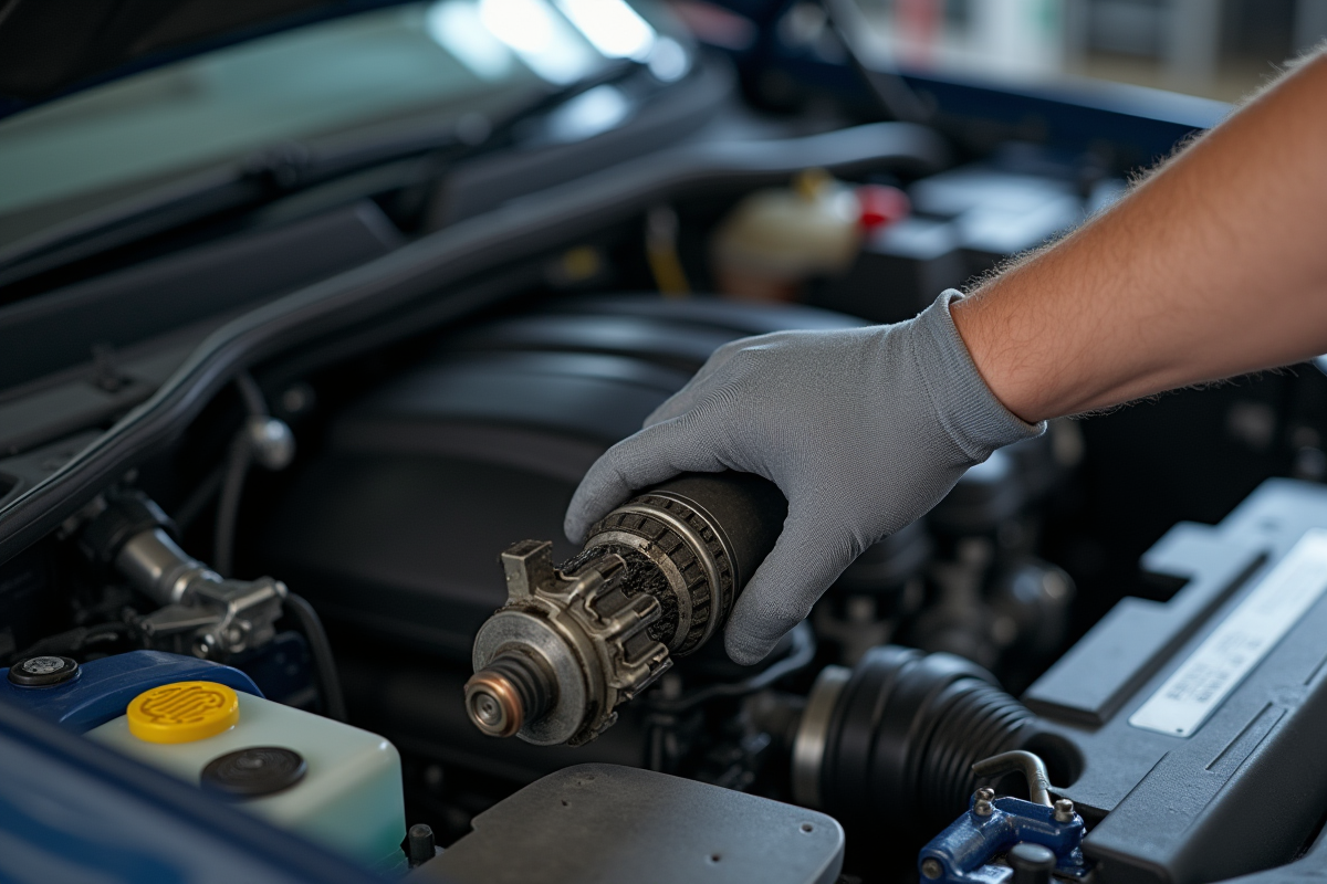 Mécanicien inspectant un moteur avec une valve EGR sale