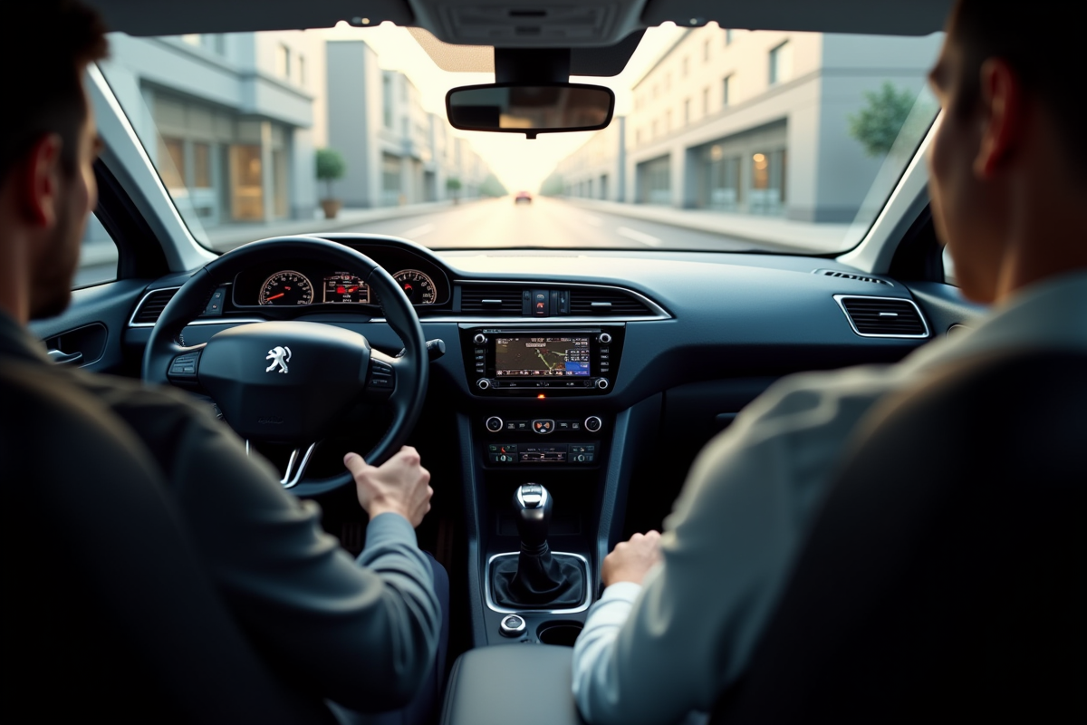 Intérieur de la Peugeot 308 avec tableau de bord et clé en marche
