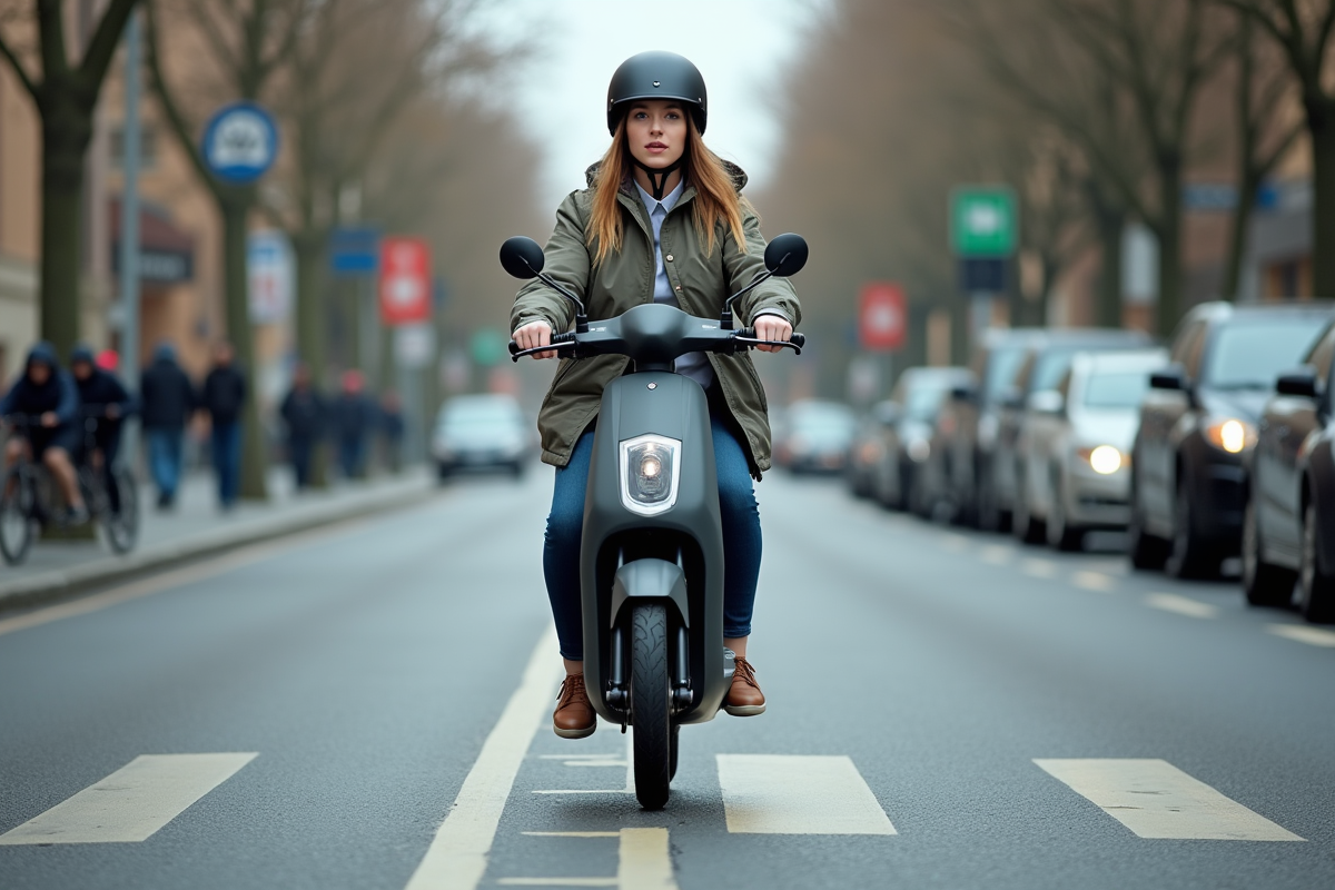 Jeune femme en scooter électrique en ville