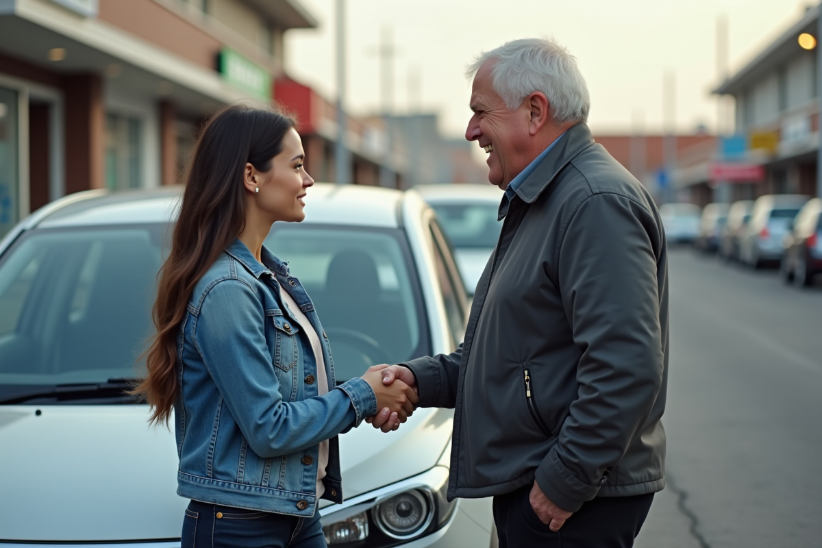 Jeune femme en denim serre la main d