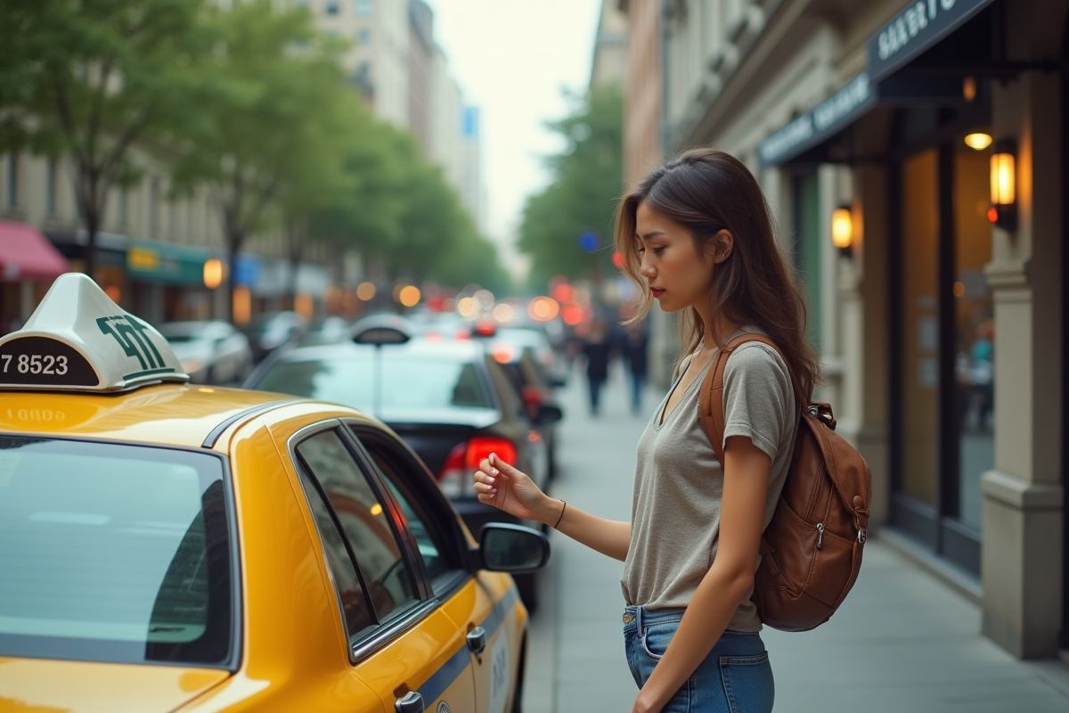 Jeune femme examine le compteur de taxi dans la rue