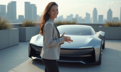 Jeune femme souriante près d'une voiture concept urbaine moderne