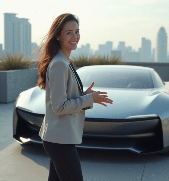 Jeune femme souriante près d'une voiture concept urbaine moderne