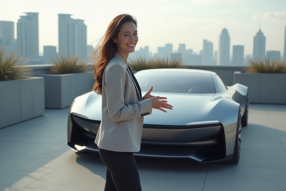 Jeune femme souriante près d'une voiture concept urbaine moderne