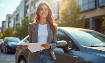 Jeune femme confiante avec sa voiture en ville et documents d'assurance
