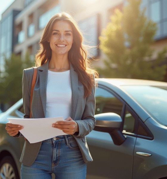 Jeune femme confiante avec sa voiture en ville et documents d'assurance