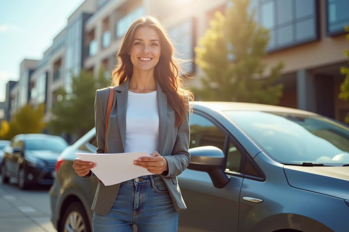 Jeune femme confiante avec sa voiture en ville et documents d'assurance
