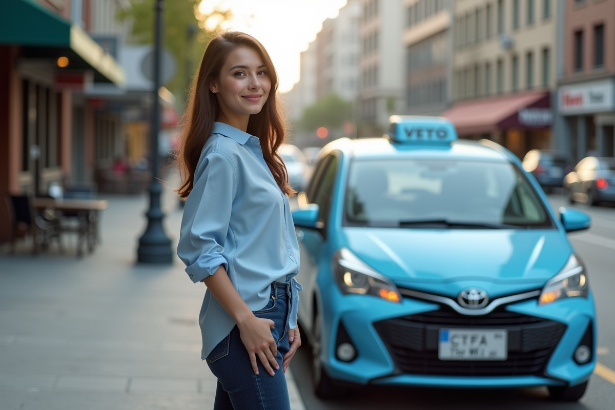 Jeune femme sur le trottoir vérifiant la plaque d