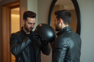 Jeune homme vérifiant son casque moto dans un miroir
