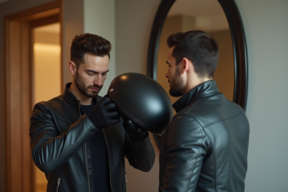 Jeune homme vérifiant son casque moto dans un miroir