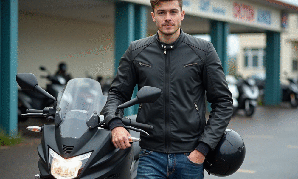 Jeune homme avec casque et moto dans un centre de permis