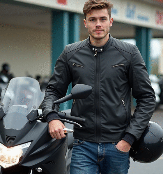 Jeune homme avec casque et moto dans un centre de permis