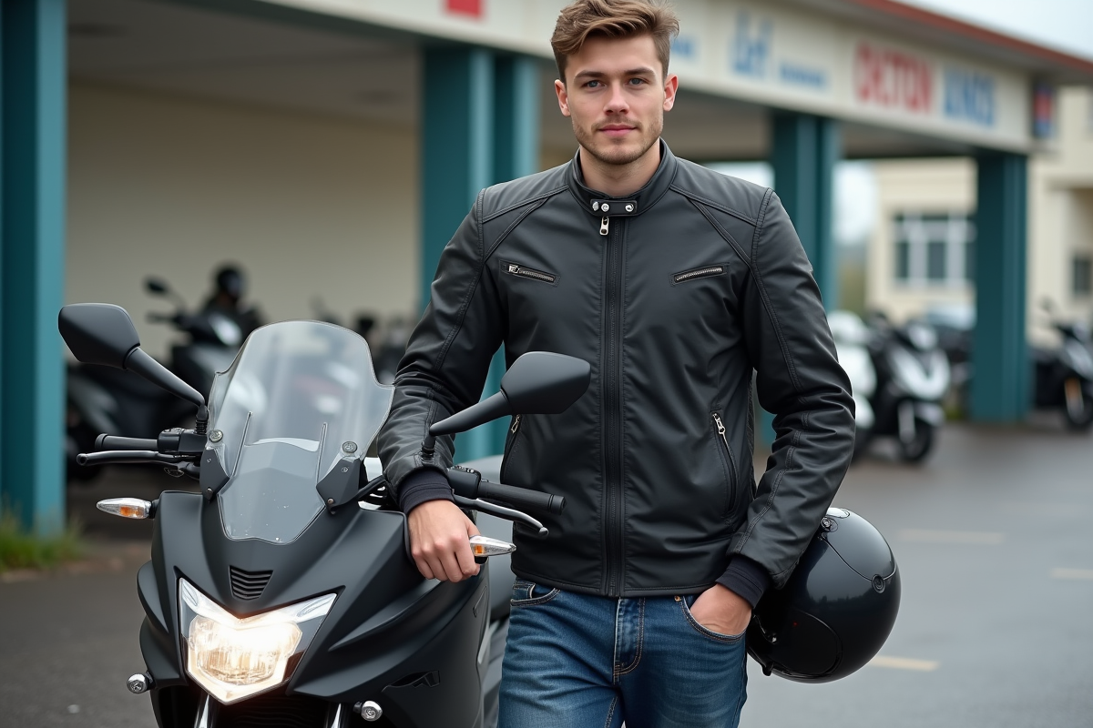 Jeune homme avec casque et moto dans un centre de permis