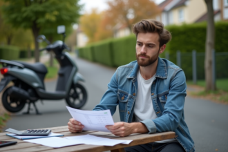 Jeune homme avec moto et papiers en plein air