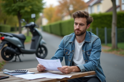 Jeune homme avec moto et papiers en plein air