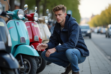 Jeune homme inspectant un scooter d'occasion en extérieur