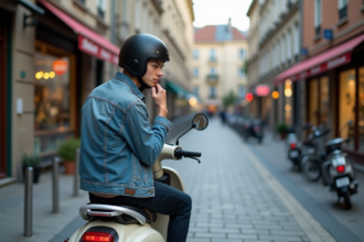 Jeune homme en denim et casque sur scooter en ville